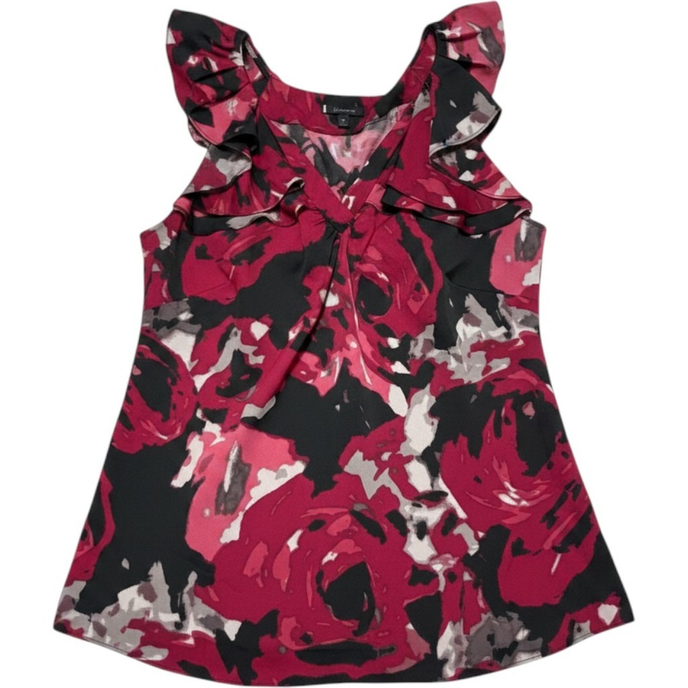 Anne Klein Blouse Red Black Floral Ruffle V-Neck Sleeveless Rose Print Womens 2X
